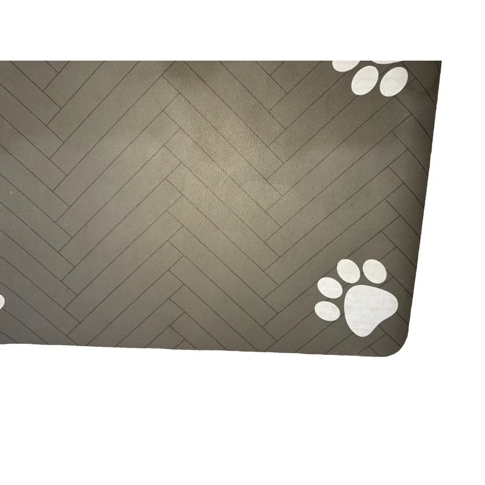 Grey Absorbent‎ Paw Print Pet Food Mat Waterproof Herringbone Design 16x24